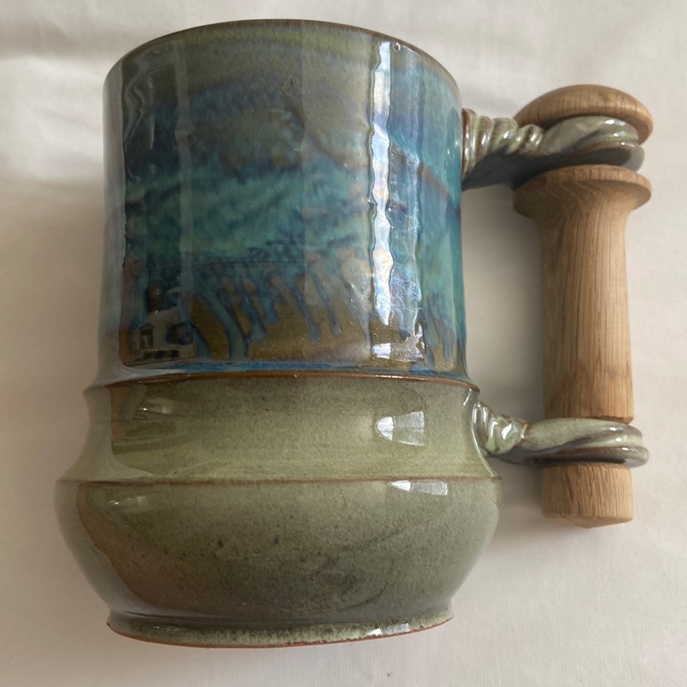 CERAMIC MUG WOODEN HANDLE VINTAGE